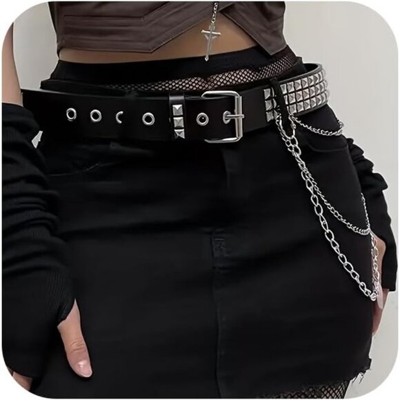 Accessories - Women Punk Belt with Chain Rave Leather Belt Goth Accessories Belt With 3 Chain